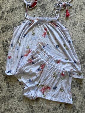 Laura Ashley Blue  Floral Tie-Shoulder Pajama Set with Red, Blue & Green Prints